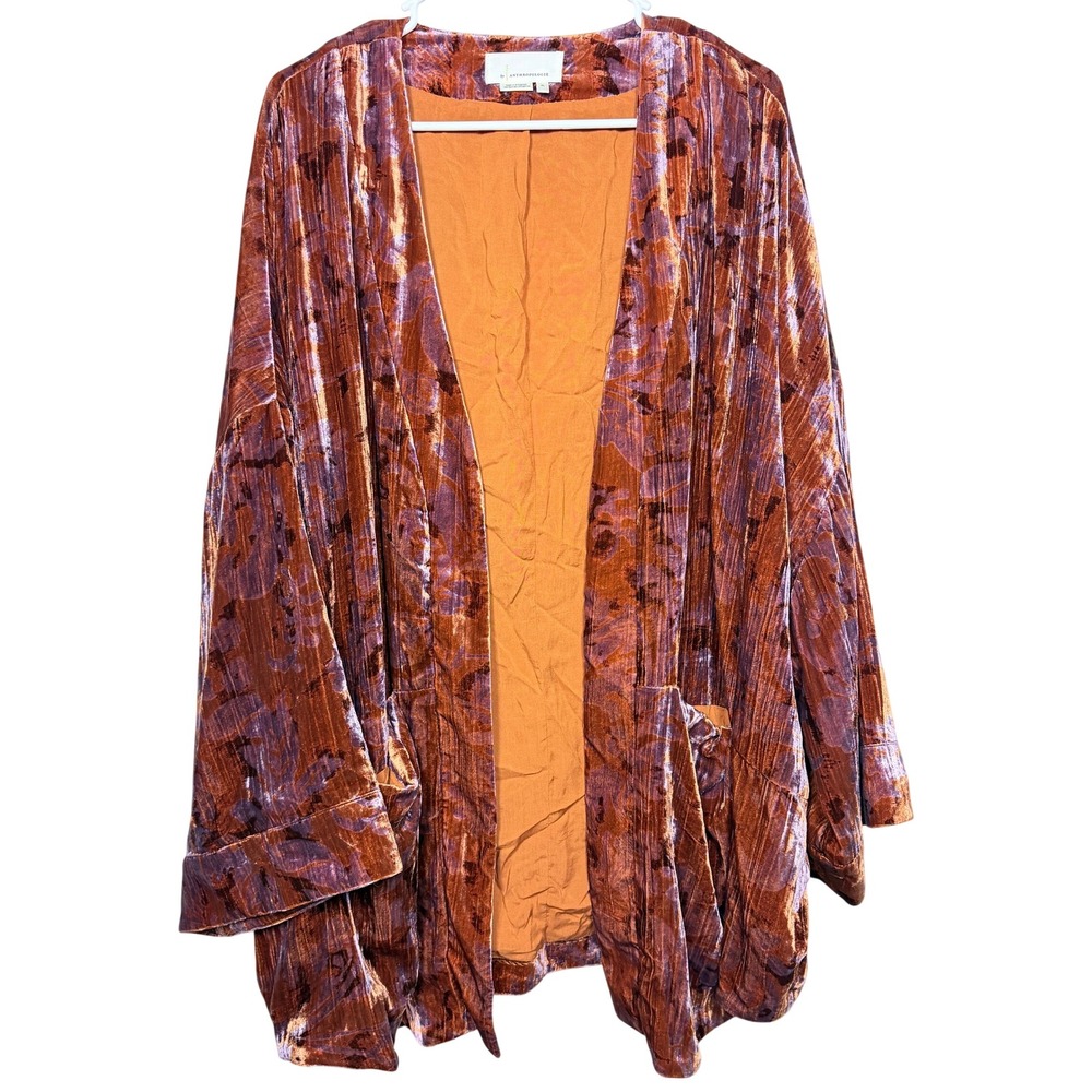 Anthropologie Velvet Kimono Cardigan XL Orange Purple Floral Open Boho Oversized - Picture 1 of 16